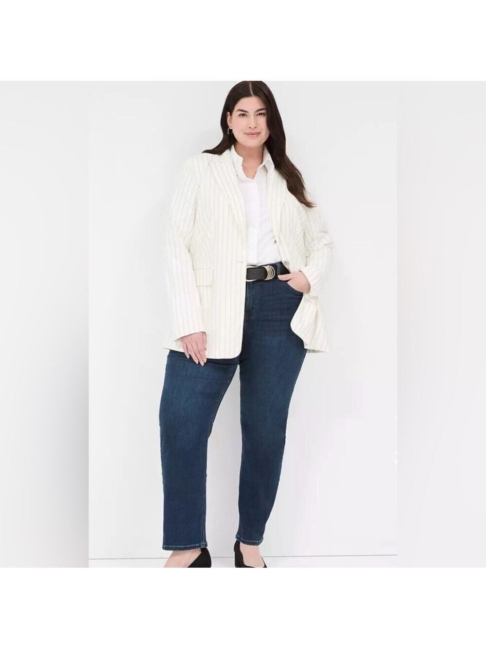 Lane Bryant Linen Pinstripes One-Button Career Office Blazer Suit Jacket NWT 18
